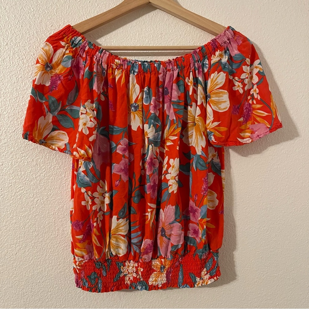 Cynthia Rowley Women’s Red and Orange Floral Off-Shoulder Blouse Size Medium